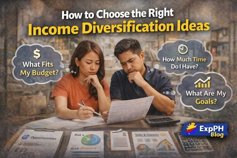 Filipino couple reviewing finances and planning income diversification ideas with calculator and documents featuring ExpPH Blog logo
