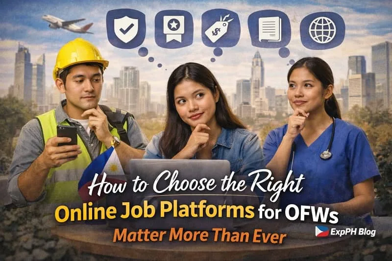Filipino OFWs comparing online job platforms on laptop and smartphone with ExpPH Blog logo visible in realistic setting