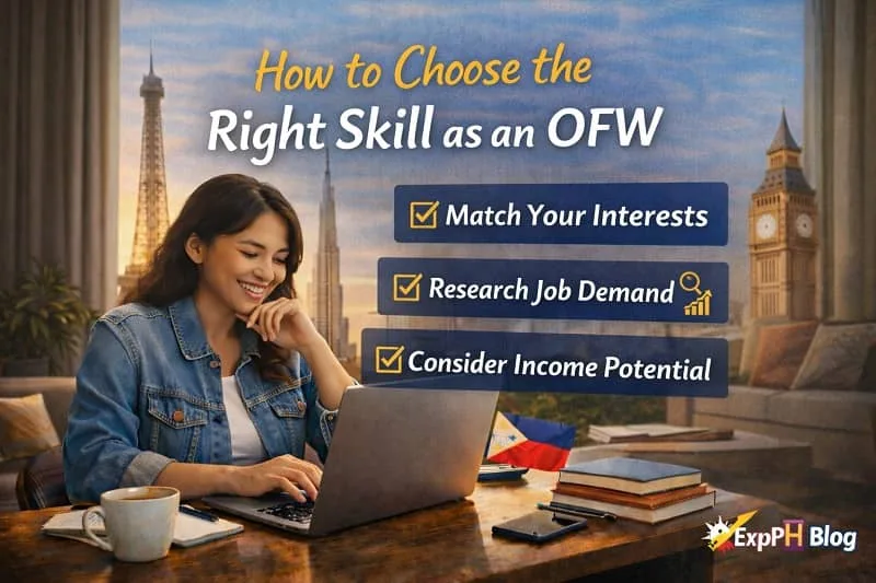 Filipina OFW choosing the right skill online using laptop with checklist and ExpPH Blog logo displayed