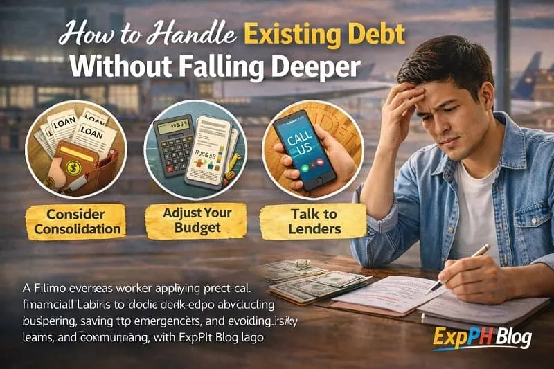 Filipino OFW reviewing bills and planning repayments abroad, showing how to handle existing debt without falling deeper, with budgeting, lender communication, and ExpPH Blog logo