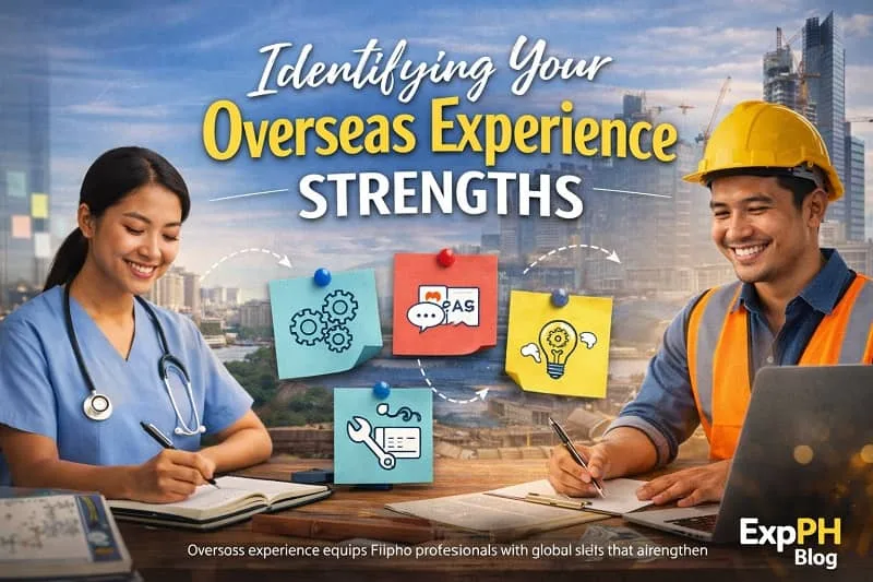 Filipino professional reviewing notes and listing skills with global icons, checklist, and business planning elements representing identifying overseas experience strengths.