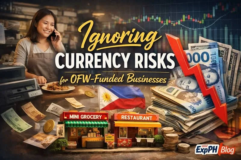 Filipina small business owner managing a shop while currency exchange rates fluctuate in the background, highlighting the risks of ignoring foreign exchange in OFW-funded businesses.