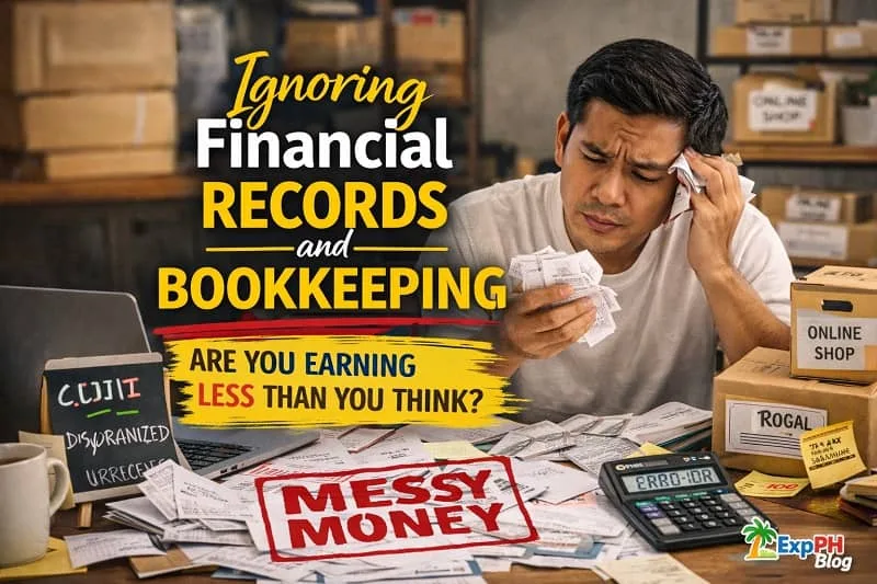 Filipino entrepreneur overwhelmed with scattered receipts and financial documents, showing poor bookkeeping and disorganized records