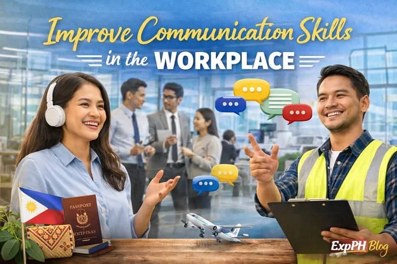 Filipino professionals communicating confidently at work with text Improve Communication Skills in the Workplace and ExpPH Blog logo