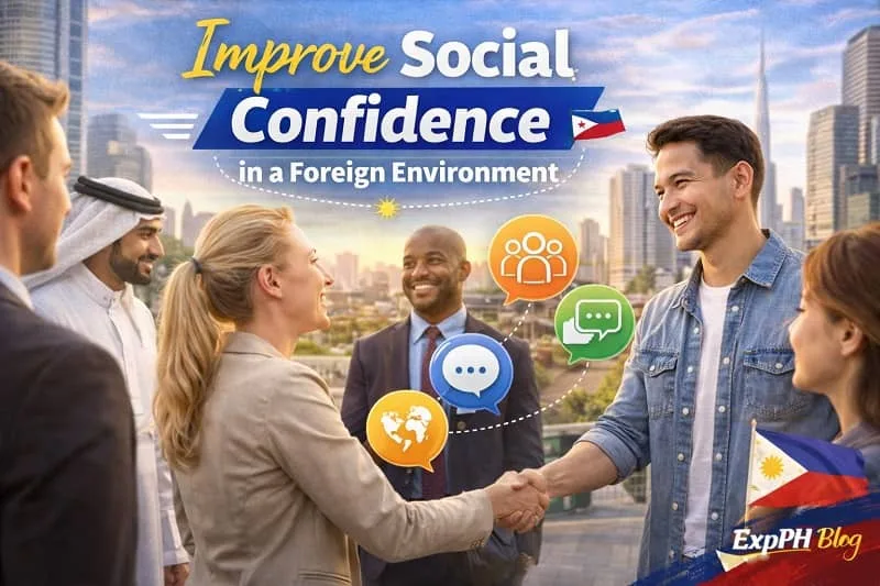Confident Filipino professional shaking hands with diverse coworkers abroad with text Improve Social Confidence in a Foreign Environment and ExpPH Blog logo
