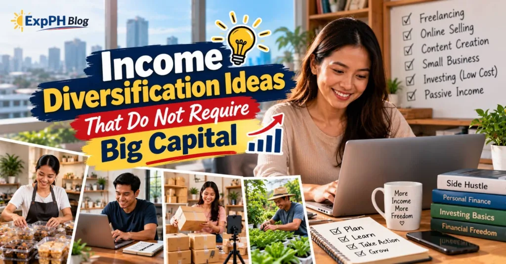 Filipina working on a laptop alongside examples of income diversification, including freelancing, online selling, food businesses, and small-scale gardening.