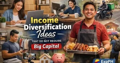 Filipino entrepreneurs working online, selling street food, and freelancing representing income diversification ideas without big capital with ExpPH Blog logo