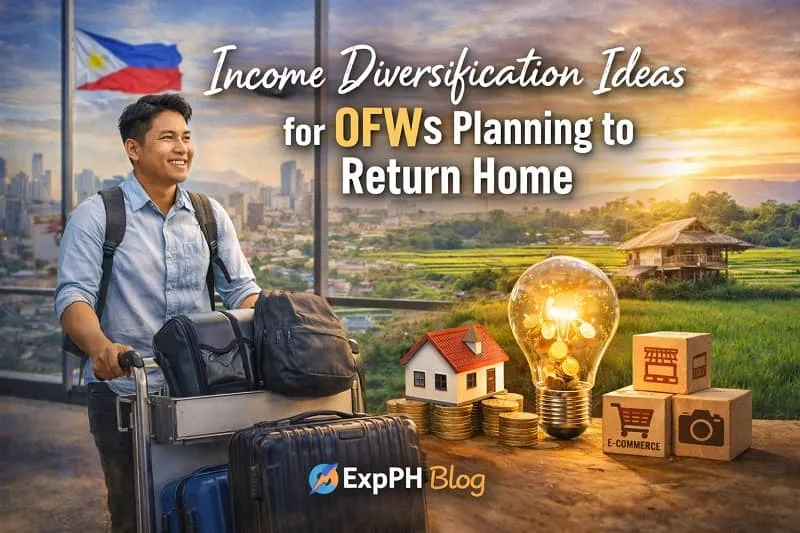 Filipino OFW at the airport with luggage, smiling and looking ahead, surrounded by symbols of income diversification like coins, house model, e-commerce icons, and a countryside Philippine background