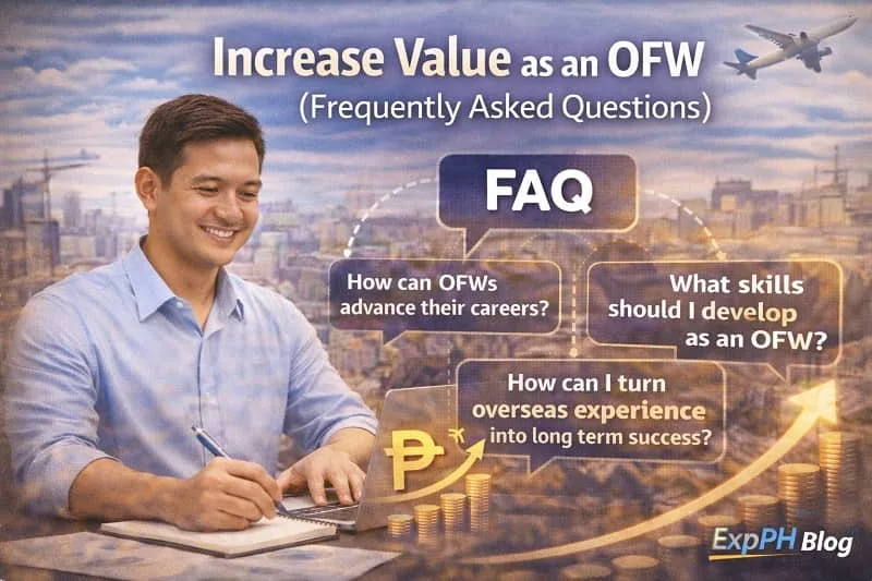 Filipino OFW reviewing Increase Value as an OFW frequently asked questions on laptop with FAQ icons and ExpPH Blog logo.