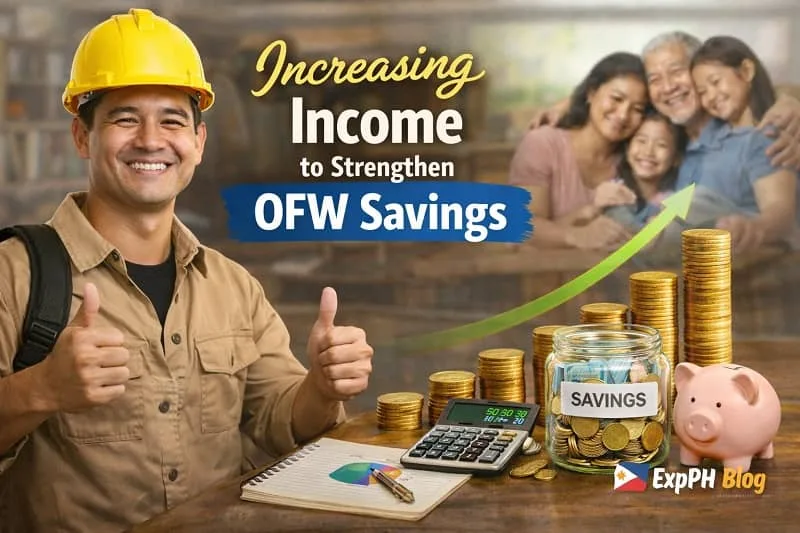 Filipino overseas worker smiling beside a savings jar, calculator, and rising coins, showing how increasing income helps strengthen OFW savings for family security