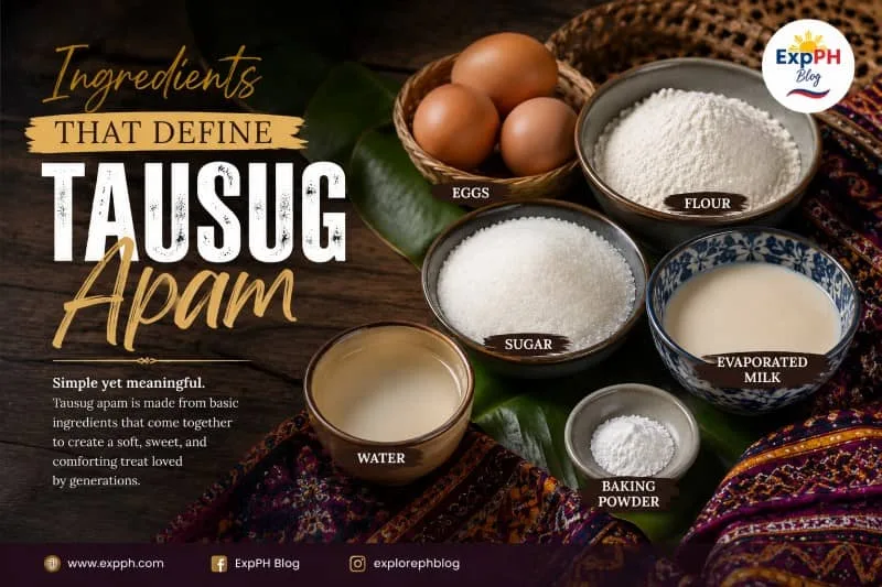 Traditional ingredients used to make Tausug apam, including flour, eggs, sugar, evaporated milk, water, and baking powder, displayed on a rustic table with colorful Tausug textiles.