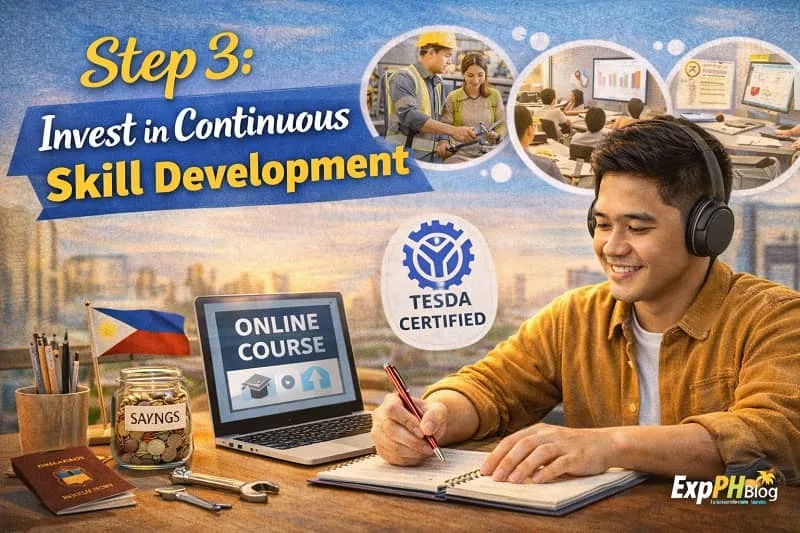 Filipino OFW taking online course with laptop, headphones, savings jar, passport, and ExpPH Blog logo