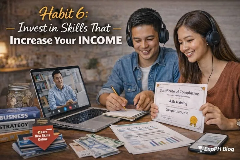 Filipino couple attending online skills training at home with laptop, certificate, notebook, and money on table