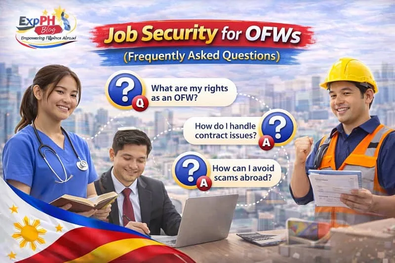 Filipino OFWs including nurse, office professional, and construction worker reviewing common questions about job security abroad with ExpPH Blog logo displayed.