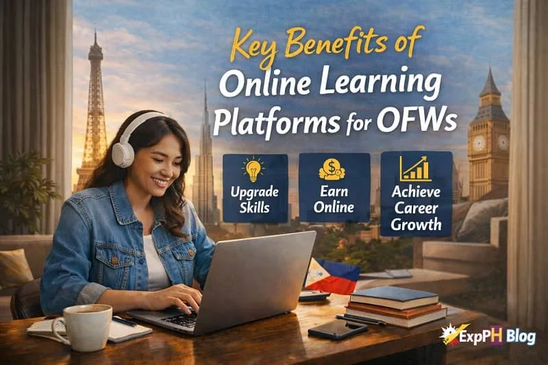 Filipina OFW studying on laptop abroad with icons showing upgrade skills, earn online, and career growth, plus ExpPH Blog logo