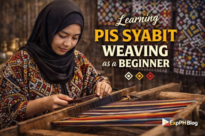 Filipino beginner learning Pis Syabit weaving on a traditional wooden loom with colorful threads and ExpPH Blog logo