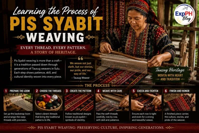 Filipino Tausug weaver teaching the process of Pis Syabit weaving on a traditional wooden loom with colorful woven patterns and ExpPH Blog logo in a cultural setting.