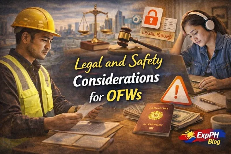 Filipino OFW reviewing work documents and contracts while another checks legal information on a laptop, showing legal and safety considerations for OFWs abroad.