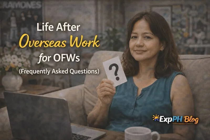 Filipina OFW holding a question mark card beside a laptop at home, representing frequently asked questions about life after overseas work