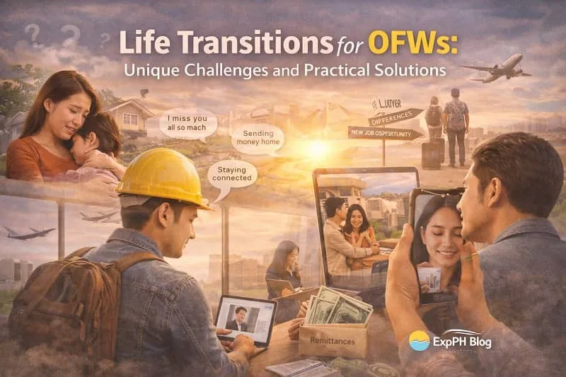 Overseas Filipino Worker at airport saying goodbye to family while planning finances and staying connected through video call with ExpPH Blog logo