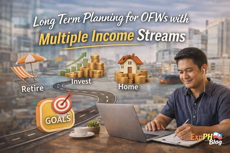 Filipino OFW planning long term finances on a laptop, showing long term planning for multiple income streams abroad