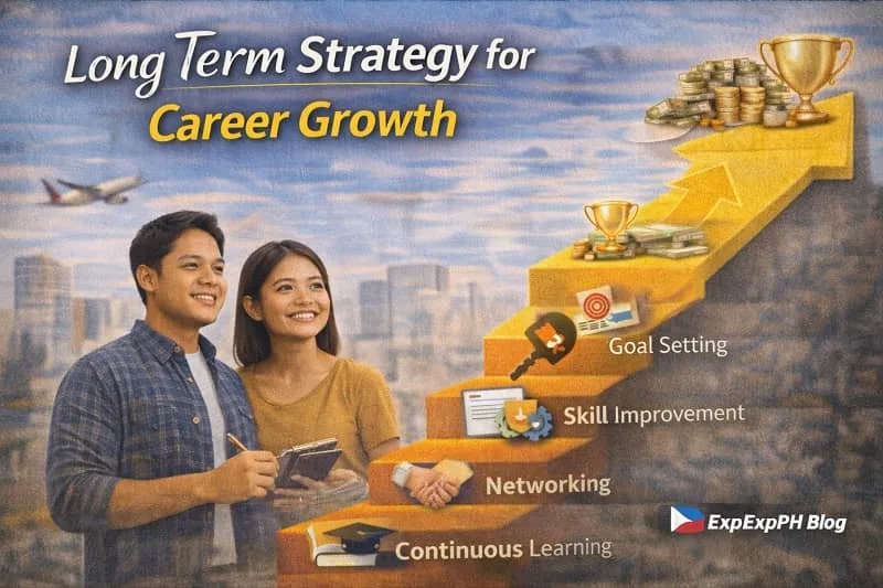 Filipino OFW planning long term career growth using laptop and digital tools with upward progress chart and ExpPH Blog logo visible