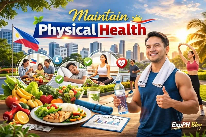 Confident Filipino professional exercising outdoors with text Maintain Physical Health and ExpPH Blog logo