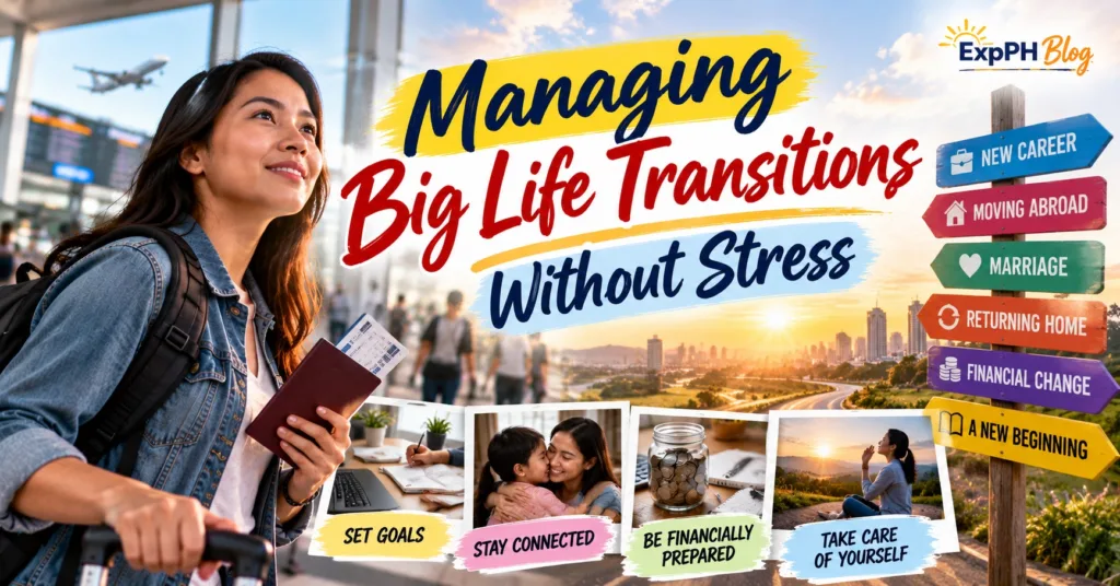Filipina traveler holding a passport and boarding pass at an airport, representing how to manage major life transitions, reduce stress, and embrace new beginnings.