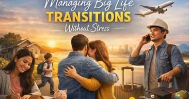 Filipino family and OFW worker symbolizing managing big life transitions without stress, with sunset background and ExpPH Blog logo