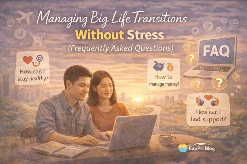 Filipino man and woman reviewing questions about managing major life changes with checklist and supportive family background and ExpPH Blog logo