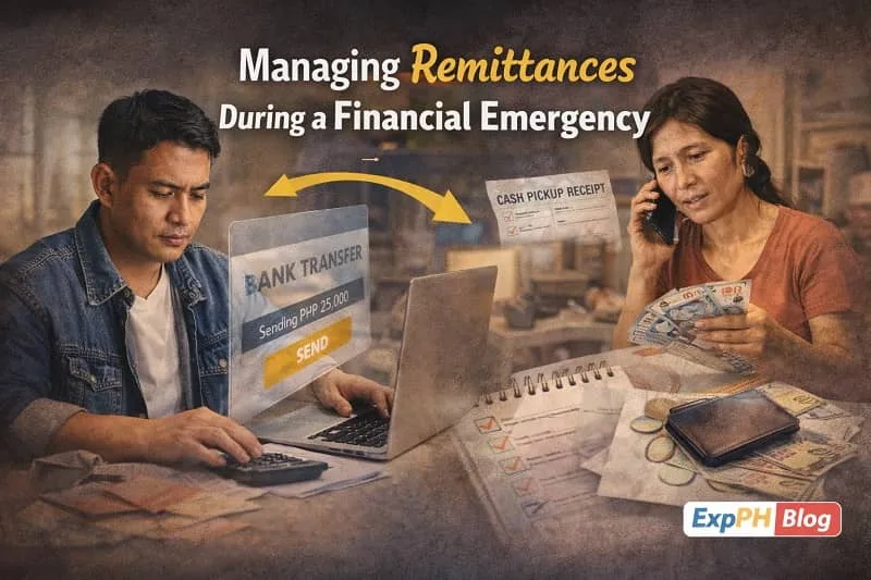 OFW sending emergency remittance online while family member in the Philippines receives cash, showing careful money management and ExpPH Blog logo