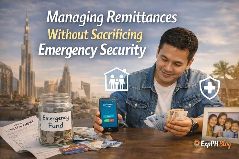 Overseas Filipino Worker managing remittances while saving emergency funds abroad, showing balanced financial planning with family support and ExpPH Blog logo