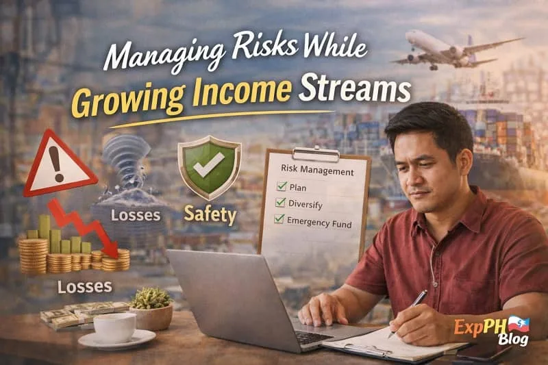 Filipino OFW reviewing finances on a laptop with safety icons, showing how to manage risks while growing income streams abroad