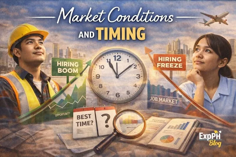 Filipino OFWs reviewing job market trends with calendar, clock, rising graph, and airport background