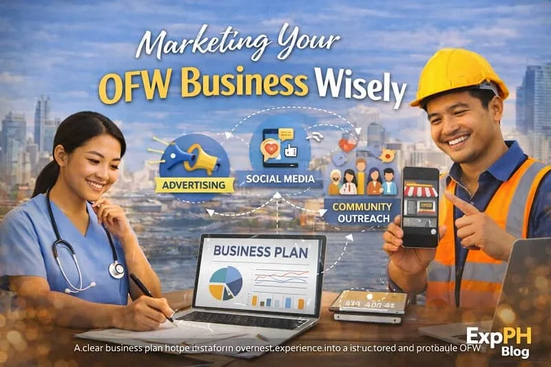 Filipino nurse and construction worker promoting an OFW business using social media, advertising, and community outreach with city skyline background.
