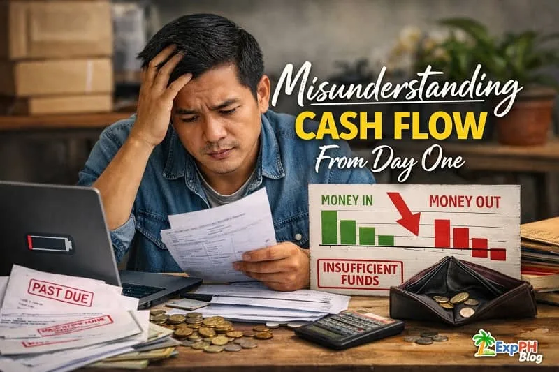 Filipino entrepreneur reviewing bills and finances with a worried expression, showing cash flow problems with money in and money out chart and insufficient funds sign