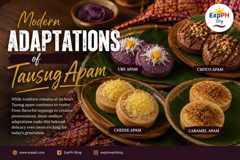 Various modern versions of Tausug apam featuring cheese, ube, chocolate, and caramel toppings, displayed on traditional serving trays with Tausug-inspired cultural decorations.