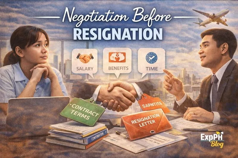 Filipino employee discussing salary, benefits, and contract terms with employer before resigning abroad