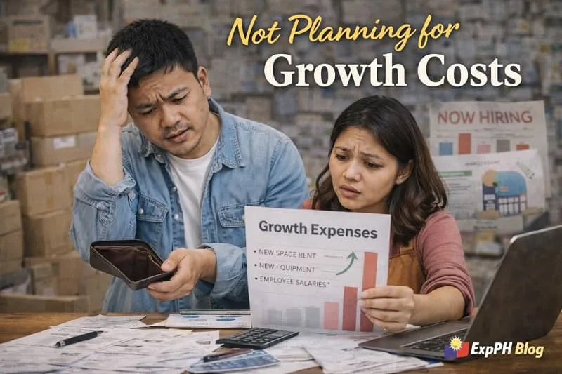 Filipino small business owners reviewing growth expenses and cash shortage, showing the risk of not planning for growth costs with ExpPH Blog logo visible