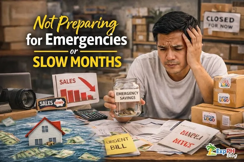 Filipino entrepreneur worried about low income during slow months, reviewing bills and empty savings with financial stress