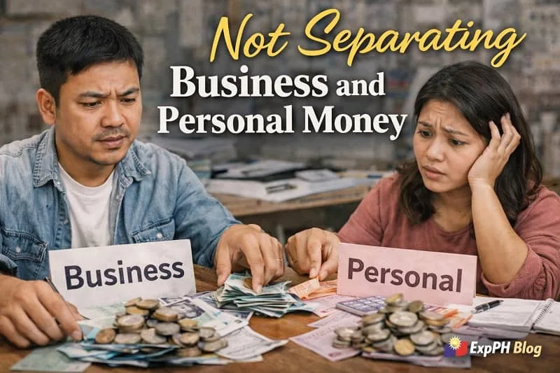 Filipino couple confused while mixing business and personal money with labeled cash piles and ExpPH Blog logo visible