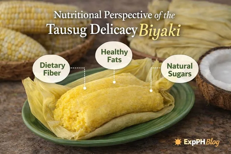 Steamed Biyaki wrapped in corn husk with corn and coconut in background, showing dietary fiber, healthy fats, and natural sugars, with ExpPH Blog logo