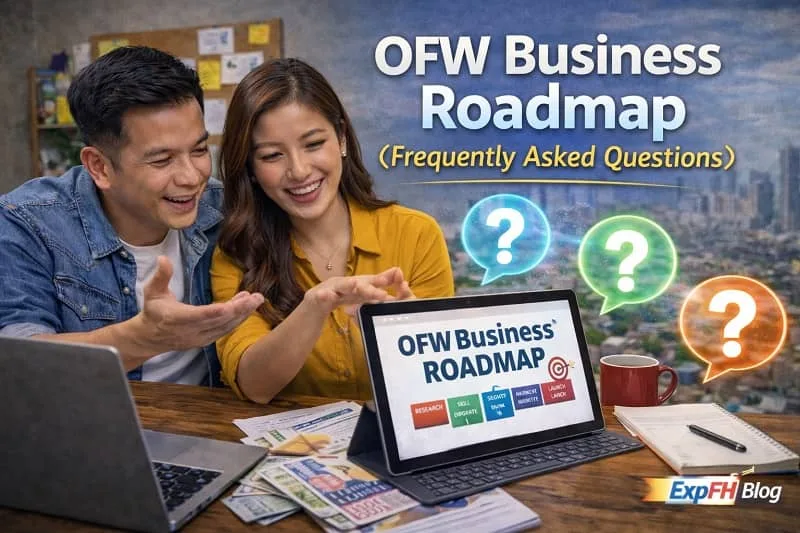 Filipino couple discussing OFW Business Roadmap FAQs while reviewing business plan on tablet with question icons and ExpPH Blog logo visible
