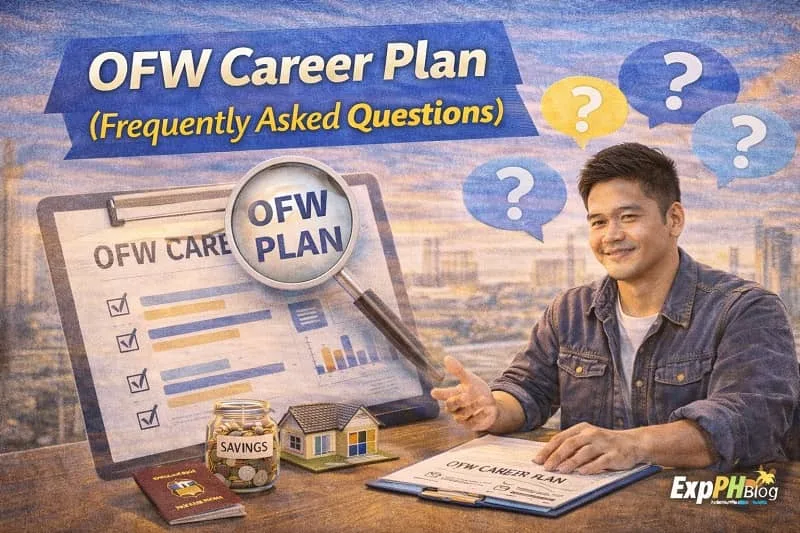 Filipino OFW reviewing career plan with checklist, savings jar, model house, and question icons with ExpPH Blog logo