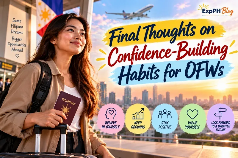 A confident young Filipina traveler holding a Philippine passport and standing beside her luggage at an airport, with a plane and sunset city skyline in the background, illustrating self-belief, personal growth, and confidence for OFWs.