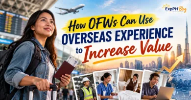 Filipino OFW holding a passport at the airport, representing how overseas work experience can increase career opportunities and professional value.