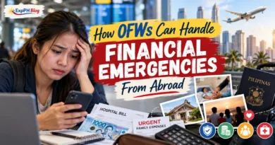 A worried Filipina overseas Filipino worker checks her phone beside hospital bills, Philippine peso banknotes, and urgent family expenses, illustrating how OFWs can handle financial emergencies from abroad.