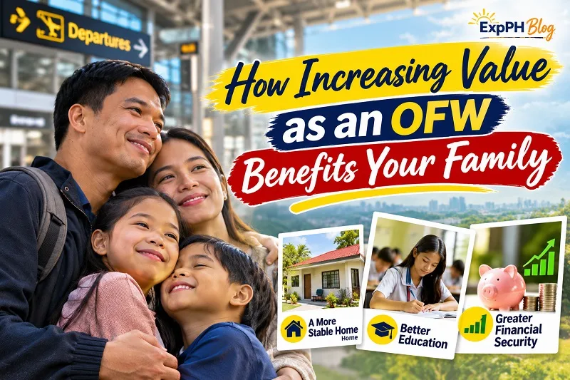 Happy Filipino family embracing at an airport, illustrating how OFWs can improve their family's future through career growth, better education, a stable home, and financial security.