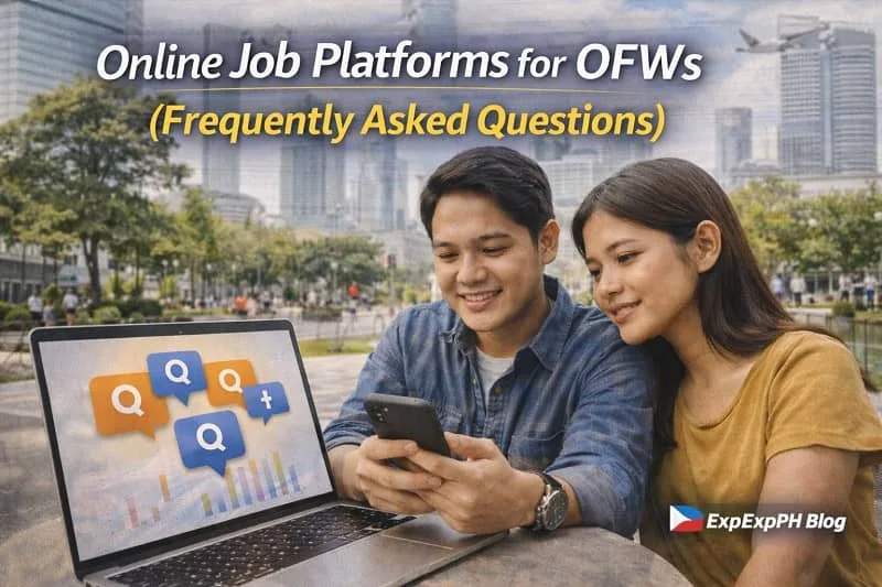 Online Job Platforms for OFWs Filipino couple reviewing online job platforms FAQ section on laptop and smartphone with ExpPH Blog logo visible