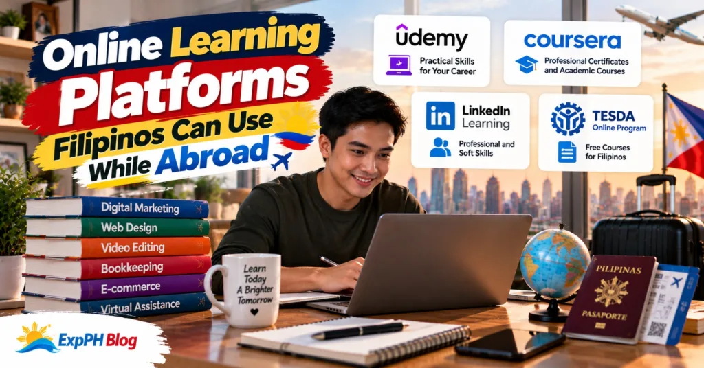 A Filipino man studying on a laptop while abroad, with Udemy, Coursera, LinkedIn Learning, and TESDA Online Program displayed alongside learning resources and ExpPH Blog branding.